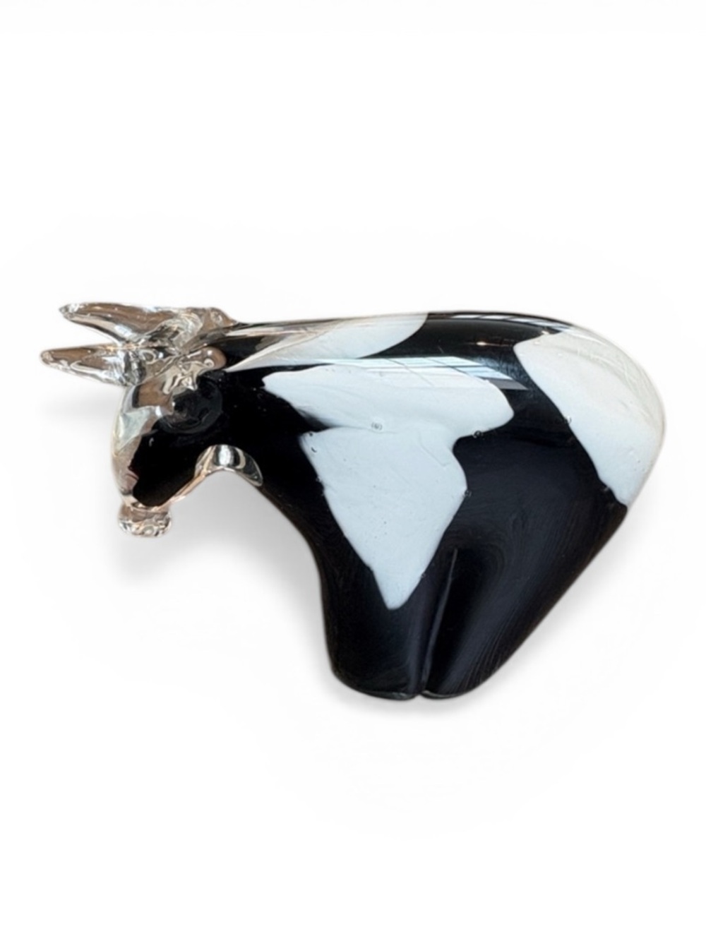 Art Crystal Glass Black & White Holstein Cow Figurine Paperweight 5”H